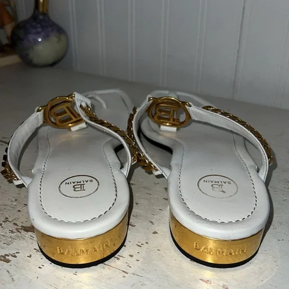 Balmain Paris White/Gold Thong Flat Sandals size 38/7.5